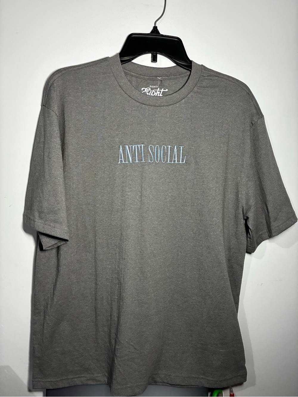 Eighty Eight Gray Tee with Light Blue "ANTI SOCIAL" Chest Graphic